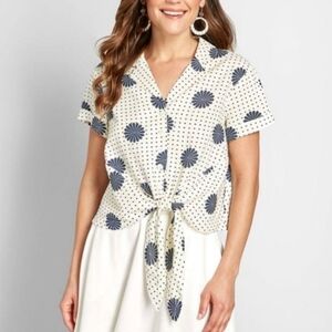 ModCloth Wisely Tied Button white blue floral cropped blouse top